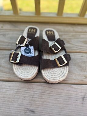 Haute Hippie Brown Suede Double-Buckle Espadrille Slides